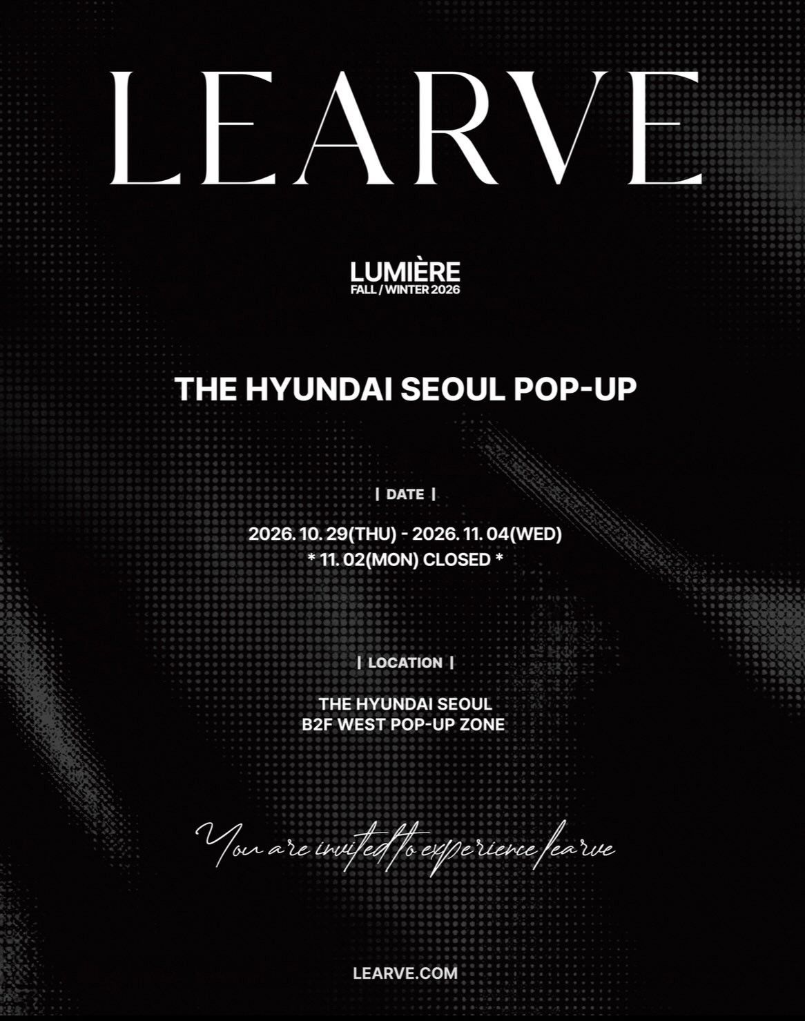 르아브 LUMIÈRE 더현대 서울 팝업 안내 포스터, 10월 29일부터 11월 4일, 11월 2일 휴무