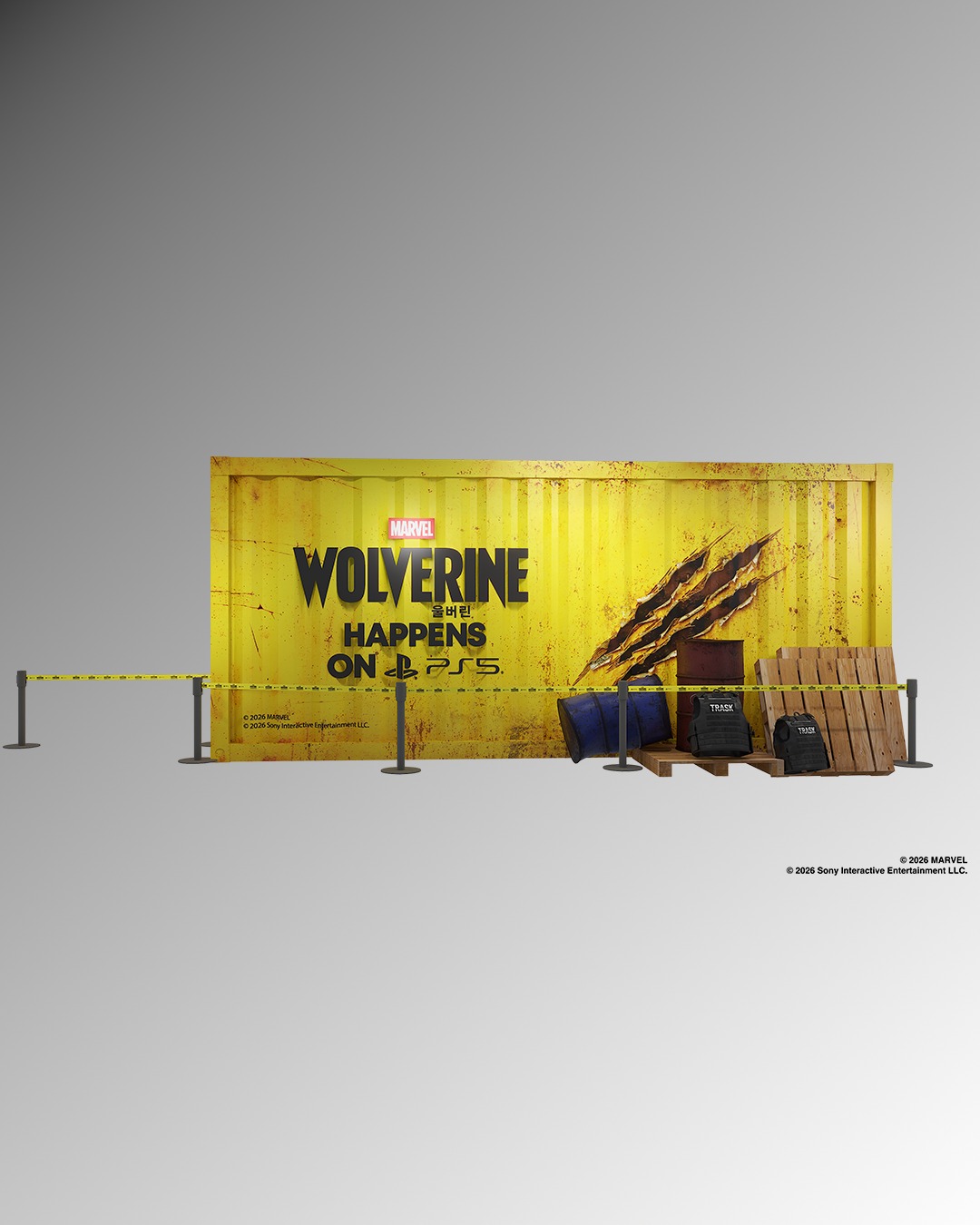 마블 더 클로 울버린 팝업. 울버린 발톱 자국이 새겨진 컨테이너형 포토존과 WOLVERINE 로고가 보인다.